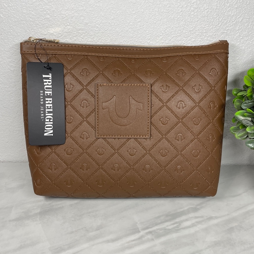 True Religion Cognac Brown Embossed Horseshoe Monogram Cosmetic Makeup Bag Pouch